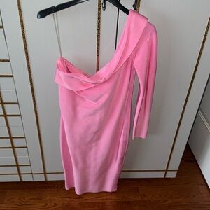 Pink one shoulder bandage midi dress